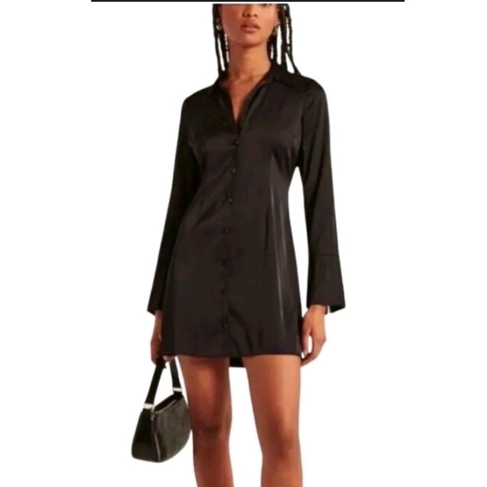 Abercrombie & Fitch Black Satin Mini Shirt Dress Long Sleeve Button Down